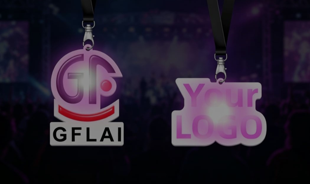 Side by side comparison of standard lanyards vs blinking LED lanyards in dark event environment