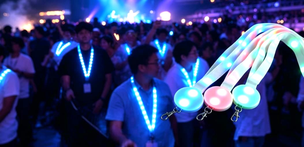 Various LED lanyard models displayed together showing different strap materials and badge styles