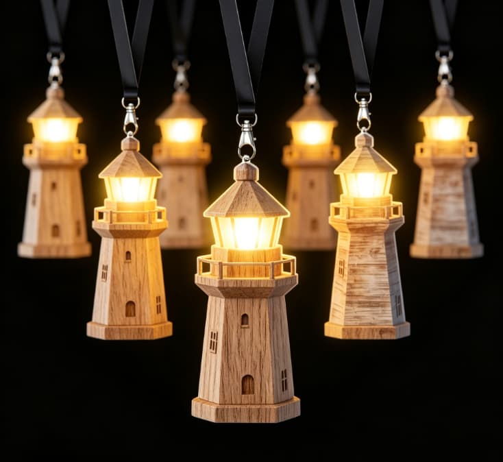 Lighthouse shaped acrylic LED badge with beacon top illumination