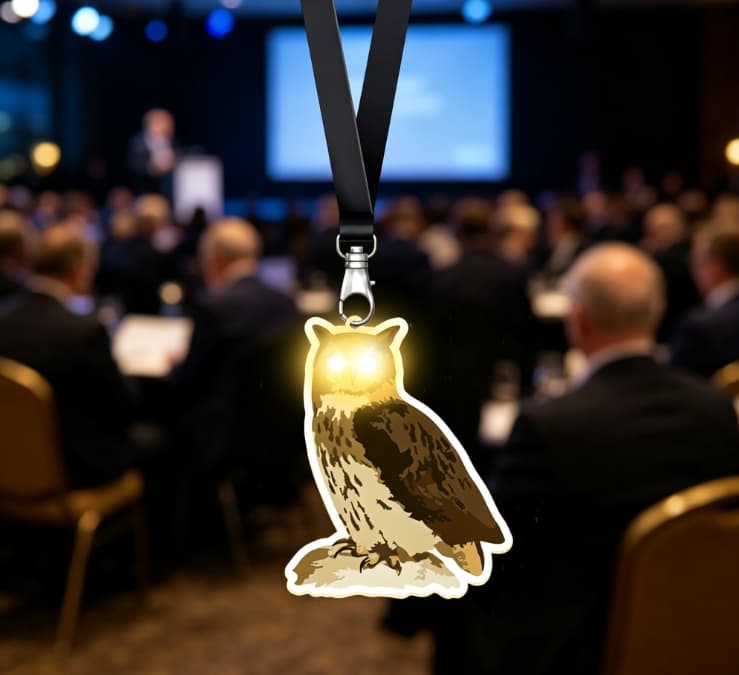 Owl shaped LED badge with glowing eyes for wildlife conservation events