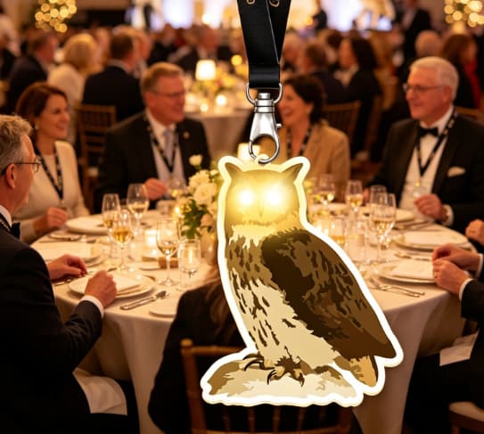 Charity gala attendees wearing themed acrylic LED badges like owl shapes for wildlife conservation events