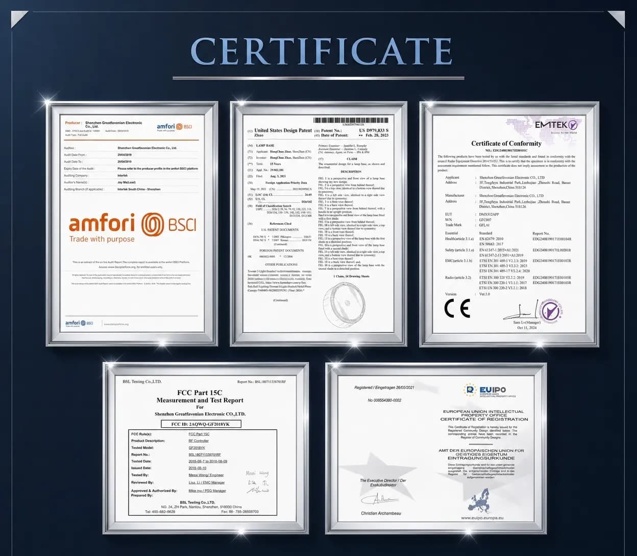 FCC CE RoHS and KC certification documents for GFLAI LED lanyard export compliance