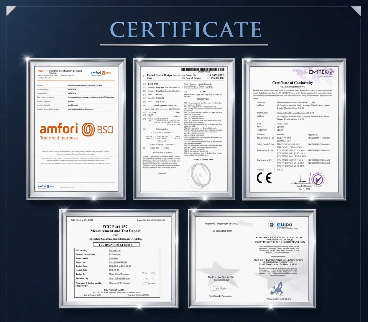Official CE, RoHS, FCC, SEDEX, and ISO9001 factory certificates compilation sheet