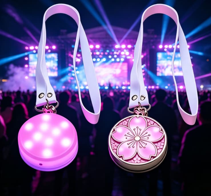 Round medal style LED badge with 10 bright LEDs and swappable fabric sleeve