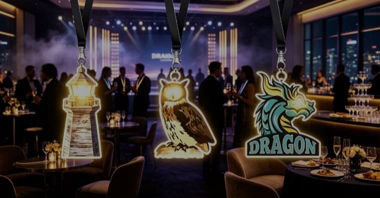 Charity gala attendees with custom shaped acrylic LED badges for fundraising event
