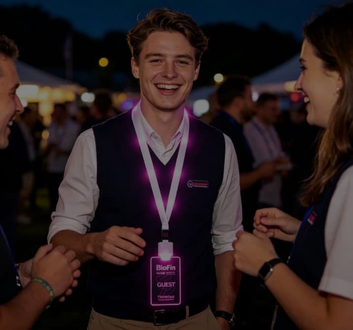 Corporate gala event with branded LED lanyards worn by attendees in formal setting
