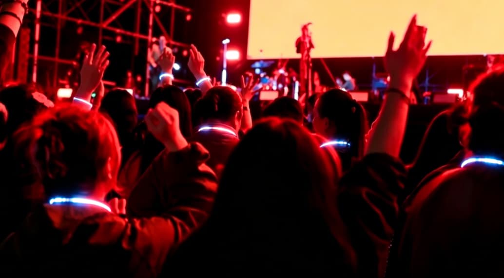 Event staff with illuminated LED ID lanyards at large festival for easy crew identification
