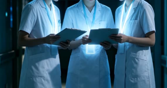 Healthcare staff wearing illuminated LED ID lanyards in hospital corridors