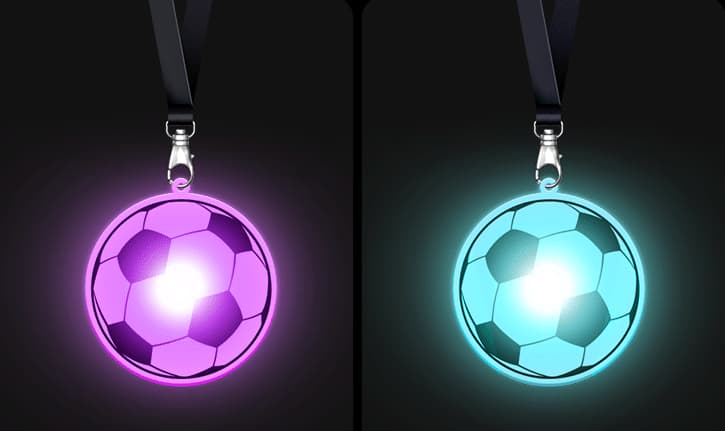 Laser-cut acrylic LED badge pendant with custom shape and backlit glow