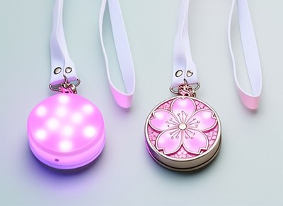 Round medal style LED badge with 10 bright LEDs and fabric sleeve