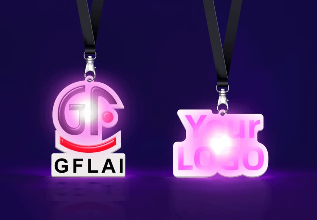 GFH-005 custom shaped acrylic LED lanyard with sublimation webbing and selective LED placement