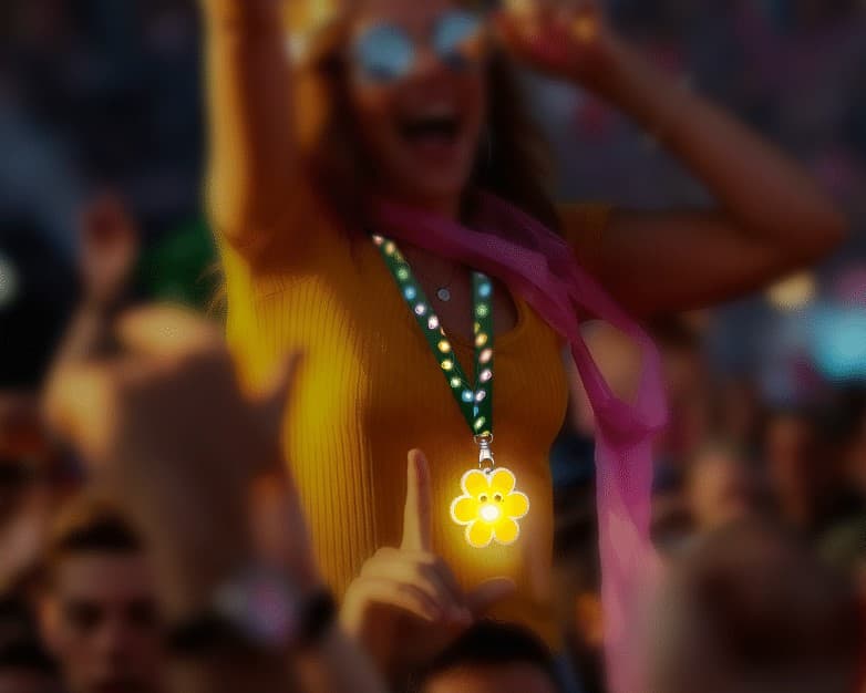 Large concert audience with LED lanyards glowing in dark stadium environment