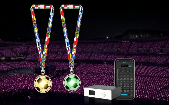 Night festival crowd with DMX controlled LED lanyards in synchronized colors