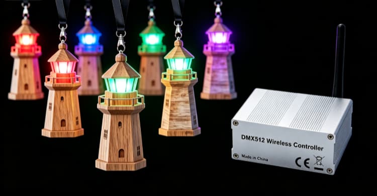 Lighting console connected to GFC005 DMX512 transmitter controlling LED lanyards live