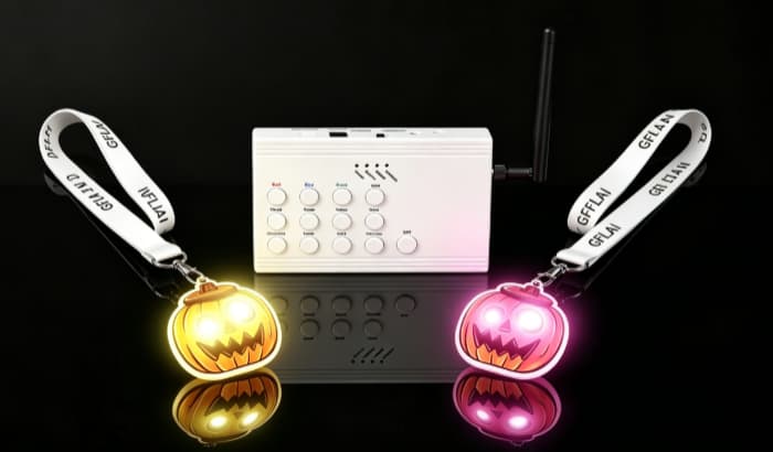 GFC004 handheld RF remote transmitter controlling LED lanyards from 250 meters away
