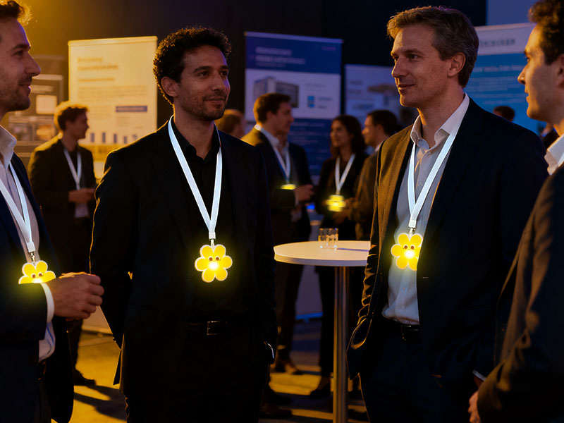 Event staff using GFC004 handheld remote to synchronize LED lanyards at a corporate gala