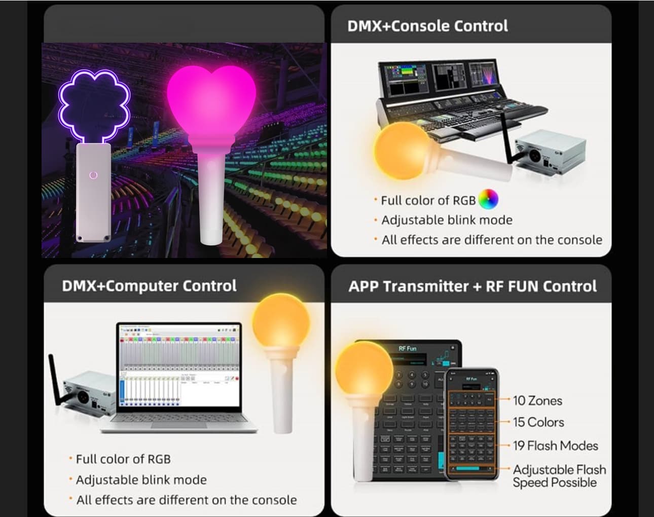 Custom LED lightstick GFC series transmitters GFC005 DMX, GFC007 dual-mode, and GFC008 APP control units for wireless synchronization