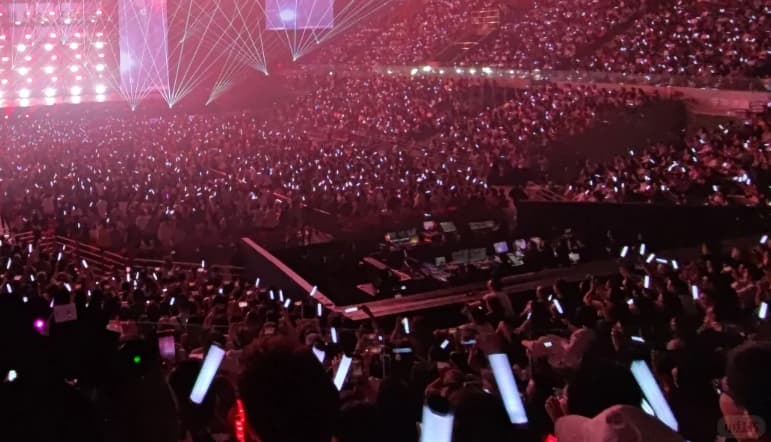 Custom lightstick Kpop arena concert in Seoul with synchronised fan light sticks creating coordinated colour waves across the audience