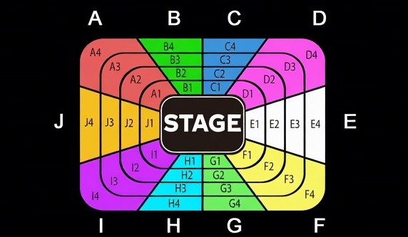 A grand arena lighting desk painting live color macros across wireless transmission zones
