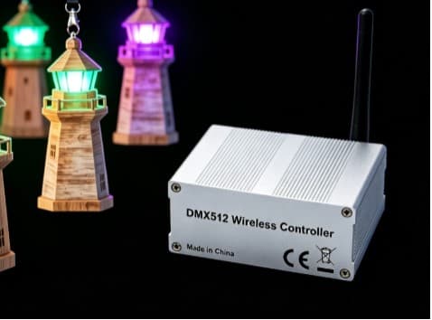 GFC005 DMX512 transmitter unit with 3-pin XLR input and RF antenna for LED lanyard control