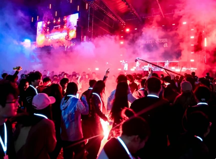 Stadium concert with synchronized LED lanyards creating immersive audience lighting during live performance