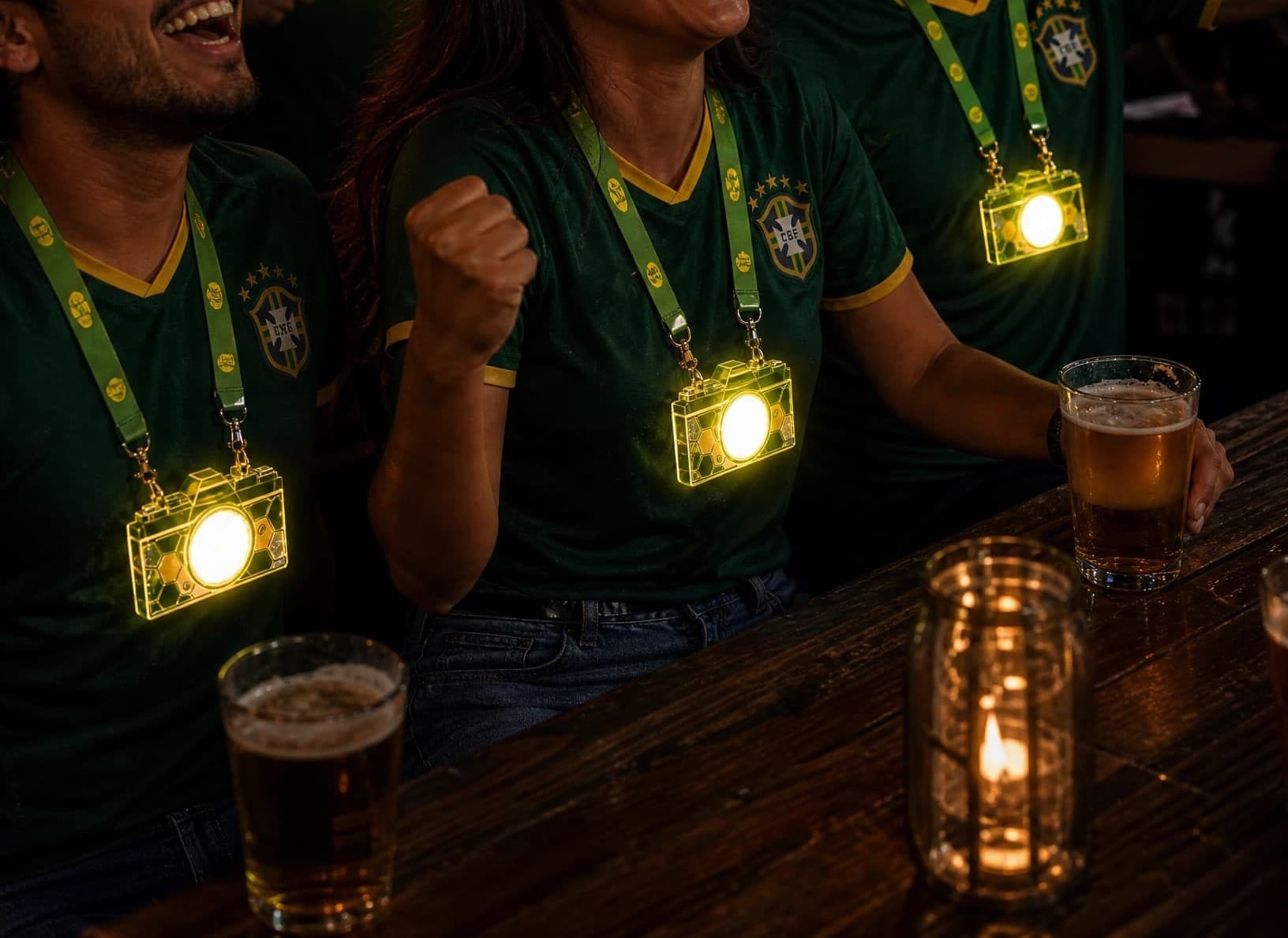 Event audience with synchronized LED lanyards reacting to show moment