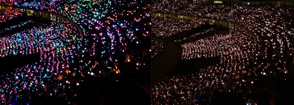 Side-by-side comparison showing unsynchronized random LED lanyard colors versus perfectly synchronized audience in unison