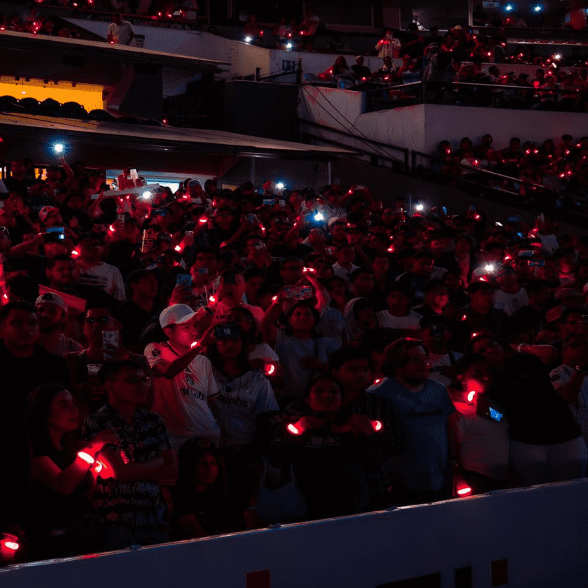 Flashing LED bracelets in a packed stadium crowd during a night event