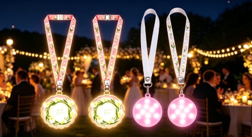 Comparison between flashing and static LED lanyards showing visibility difference in dark and bright environments