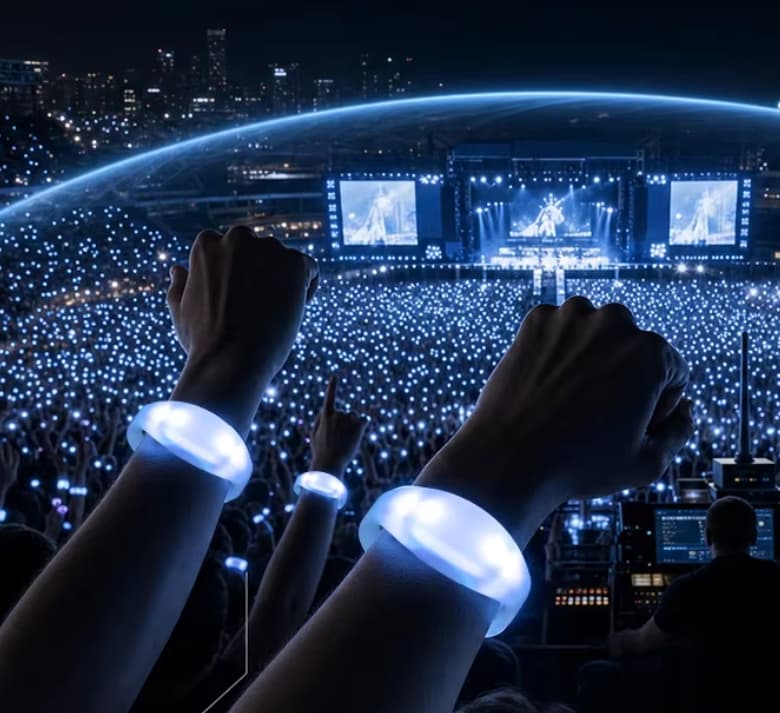 intense rave crowd raising their hands high with rf led wristbands responding to heavy electronic bass elements