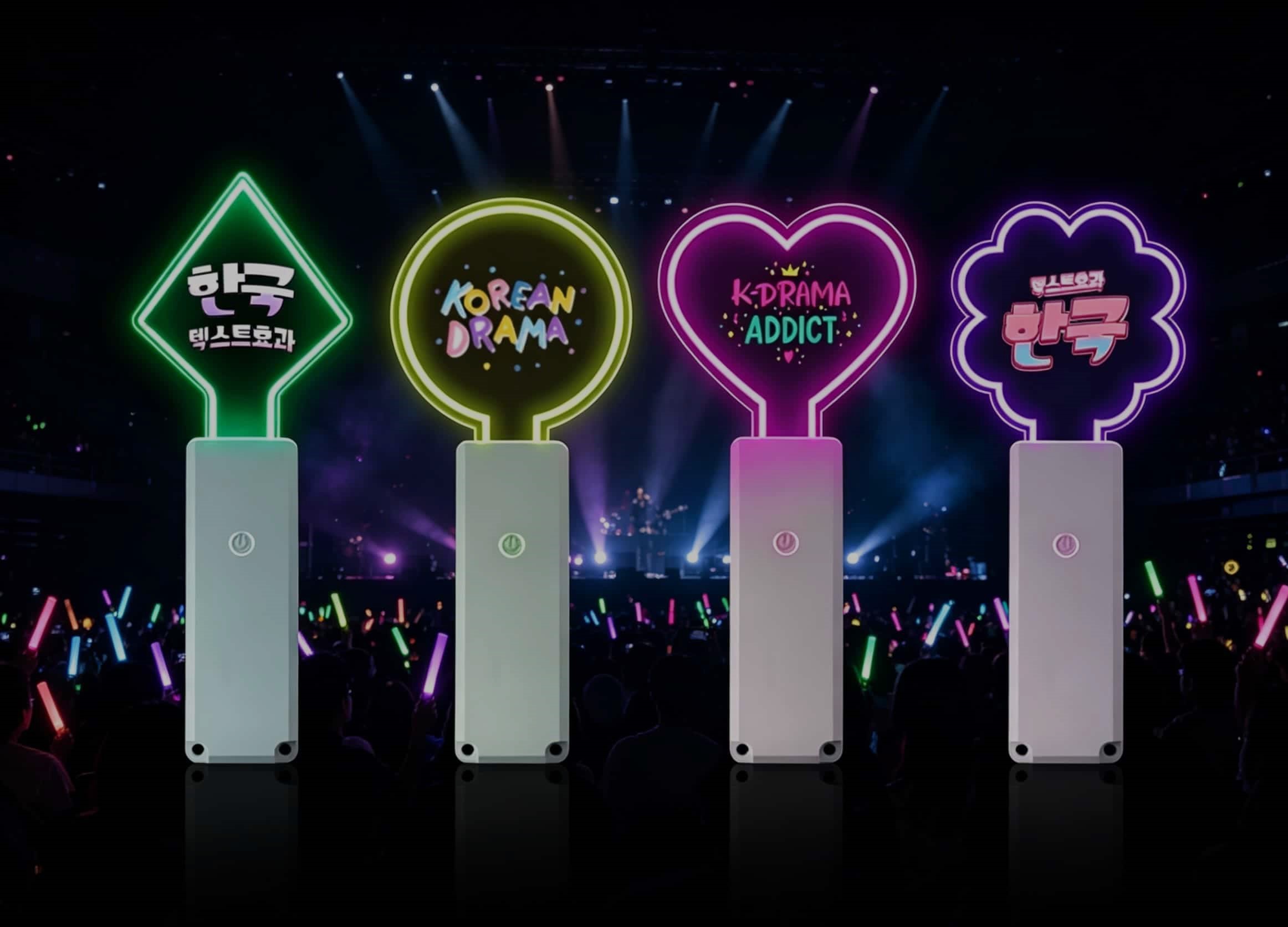 Custom acrylic lightstick with branded laser-cut crystal top being held by fans at a concert venue