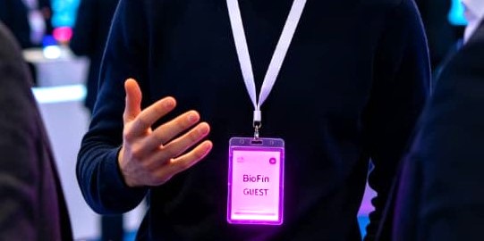 LED ID lanyard with printed acrylic badge as the identification credential showing day and night dual function at an event venue