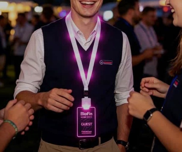 Staff member wearing an LED ID lanyard with glowing badge for night event identification