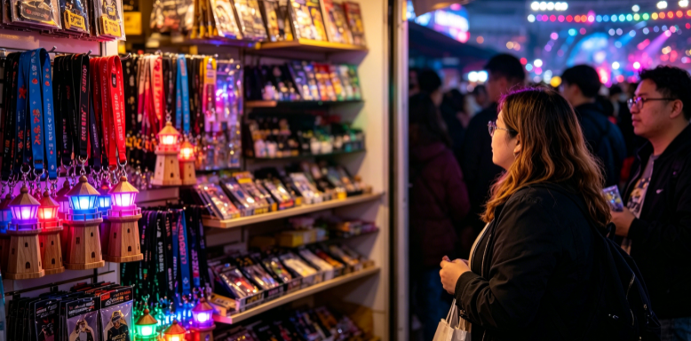 Large crowd of event attendees wearing interactive LED lanyards with synchronized colors creating a unified visual display