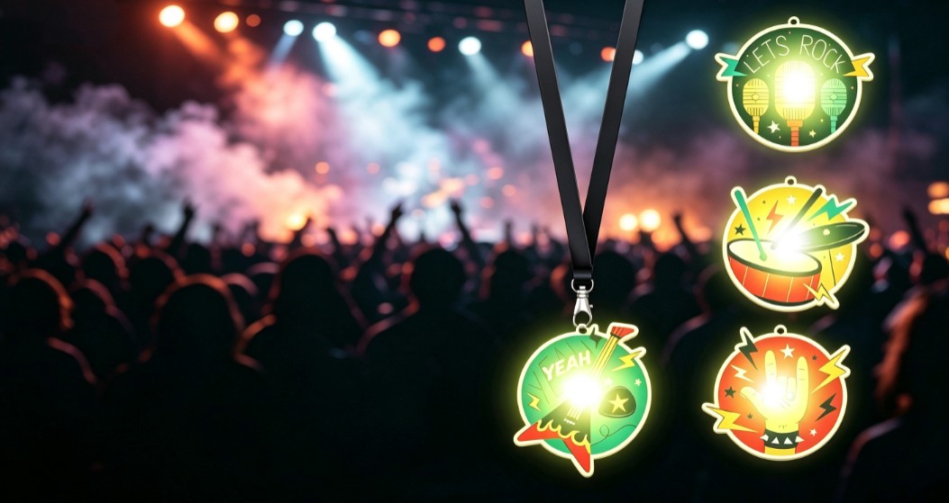 LED event lanyards worn by attendees staff and VIP guests at a large indoor event with synchronized lighting