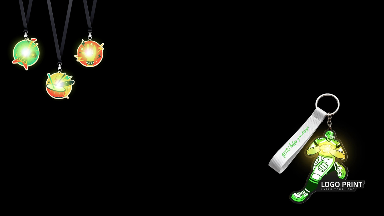Five GFH series LED flashing lanyard models displayed together showing different badge types and flash patterns