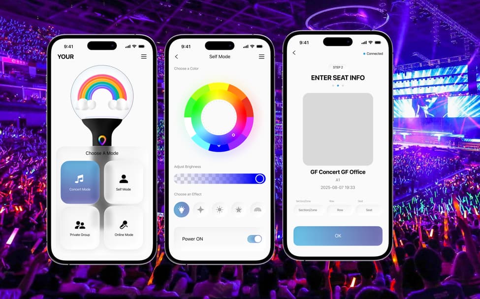 Light stick concert APP control interface on mobile device showing real-time colour and pattern selection for audience light sticks