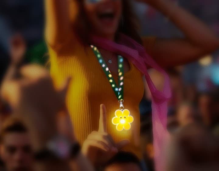 Collection of LED lanyards glowing in multiple colors worn by an event crowd at night