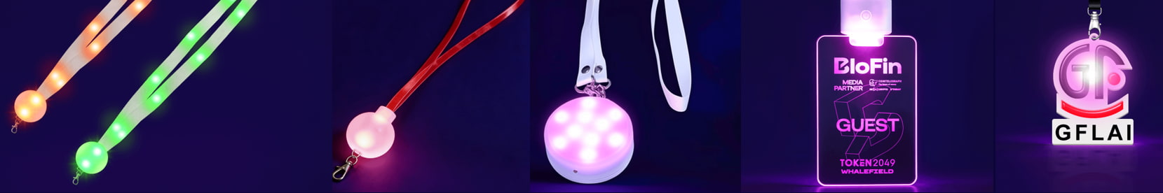 Five GFH series LED lanyard models displayed together showing different strap materials and badge styles