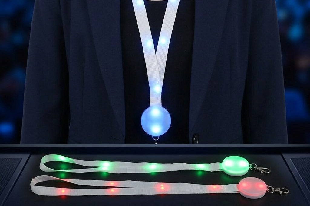 Bulk light up lanyard quotation process showing order documents samples and product swatches on a desk