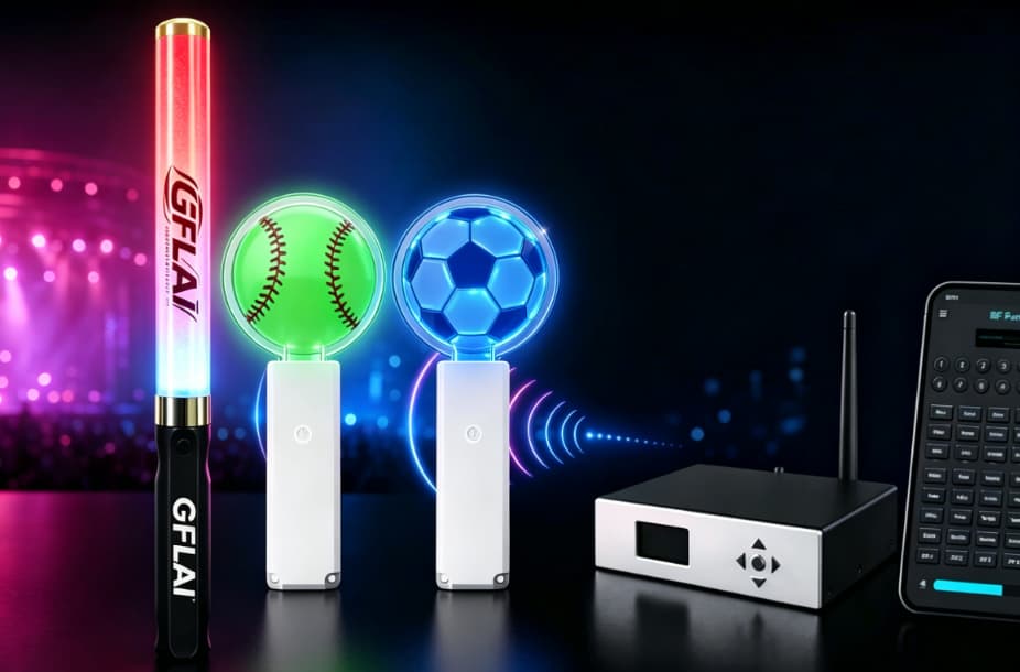 A fan interacting with a live concert stream from home using a synchronized smart app connected lightstick