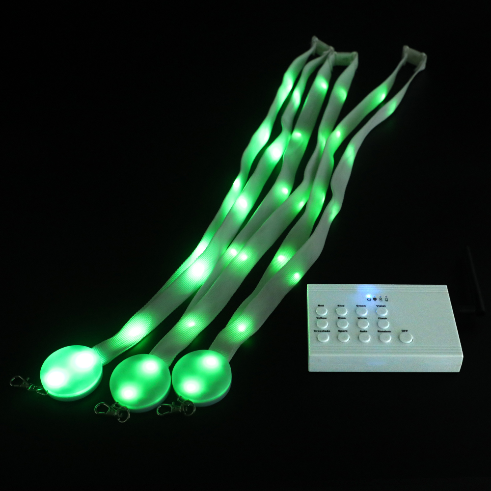 GFC004 RF transmitter in hand showing the color selection buttons for LED lanyard control