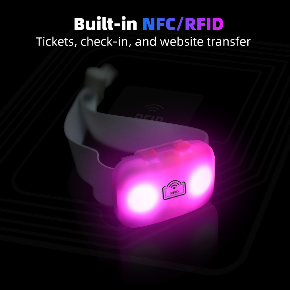 A minimalist, premium close up display of high end customizable smart rfid wristbands for events from an experienced led bracelet factory