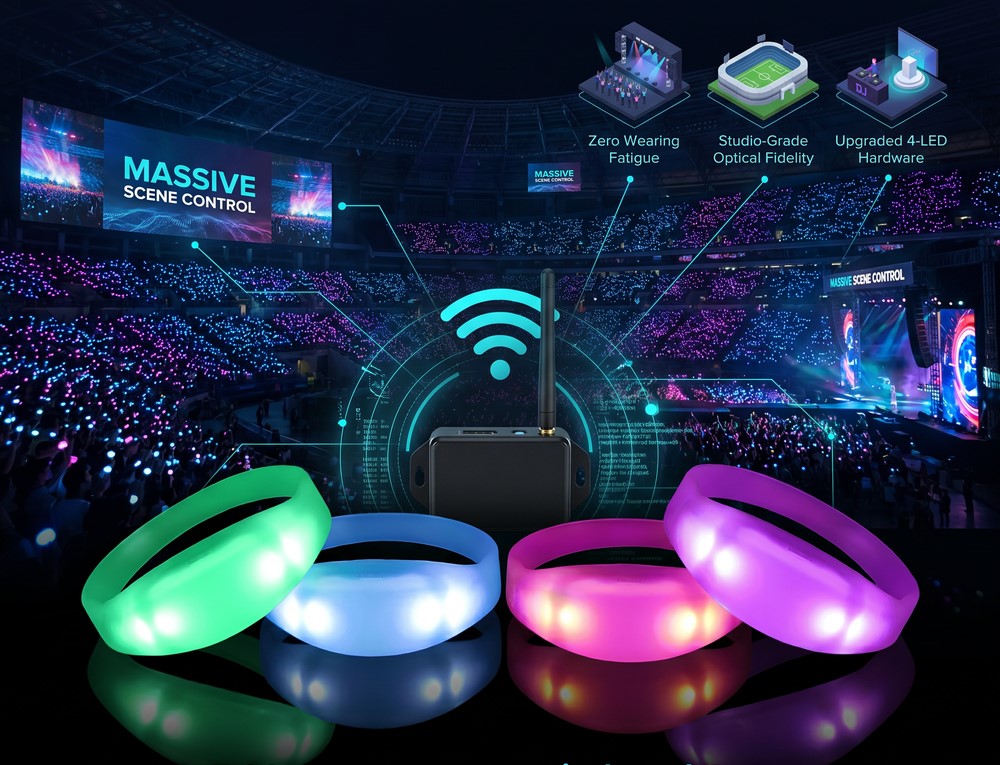 Industrial-grade premium silicone flashing bracelets with laser-etched branding details glowing in bright cyan