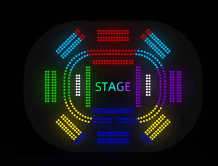 Aerial view of localized arena audience zones pulsing together