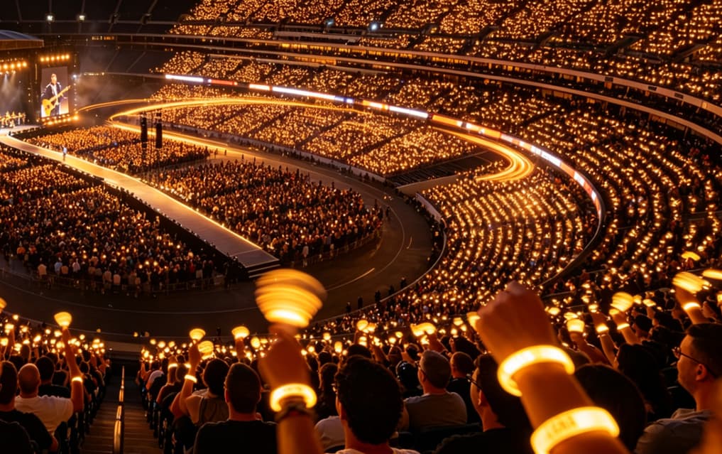 breathtaking overview of rf led wristbands lighting up a full circular stadium bowl in pure emerald green colors