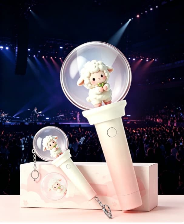 Mass production line of official custom concert lightsticks neatly arranged in customized printed packaging display boxes ready for tour dispatch