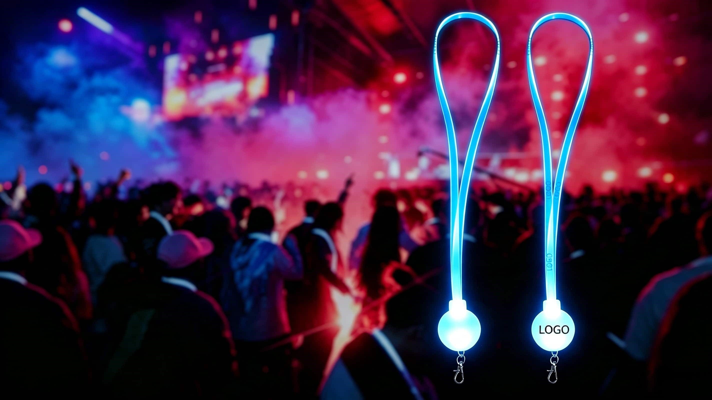 Transparent TPU light up LED lanyards with glowing badges at a rainy outdoor festival