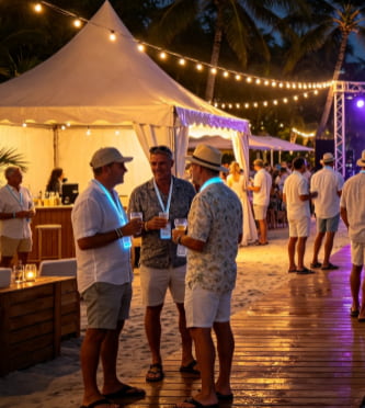 Tropical humid climate event with attendees wearing TPU lanyards under bright sunlight