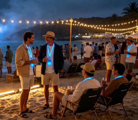 Poolside activation event with attendees wearing glowing TPU lanyards near water